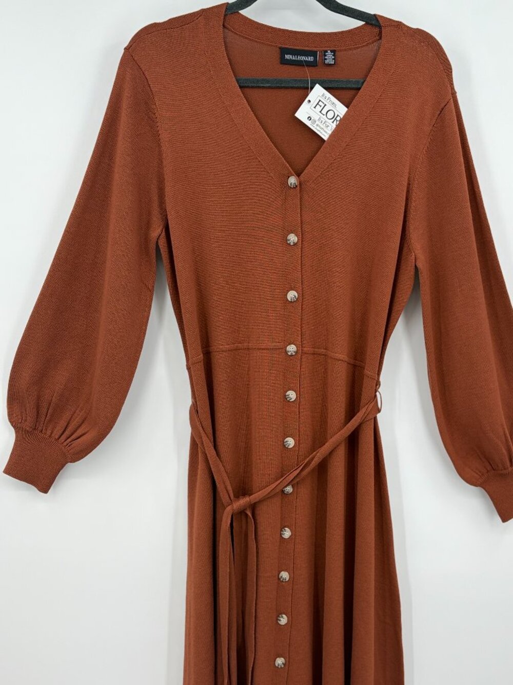 NWT Nina Leonard Knit Midi Dress Balloon Sleeve Button Front Terracotta XL